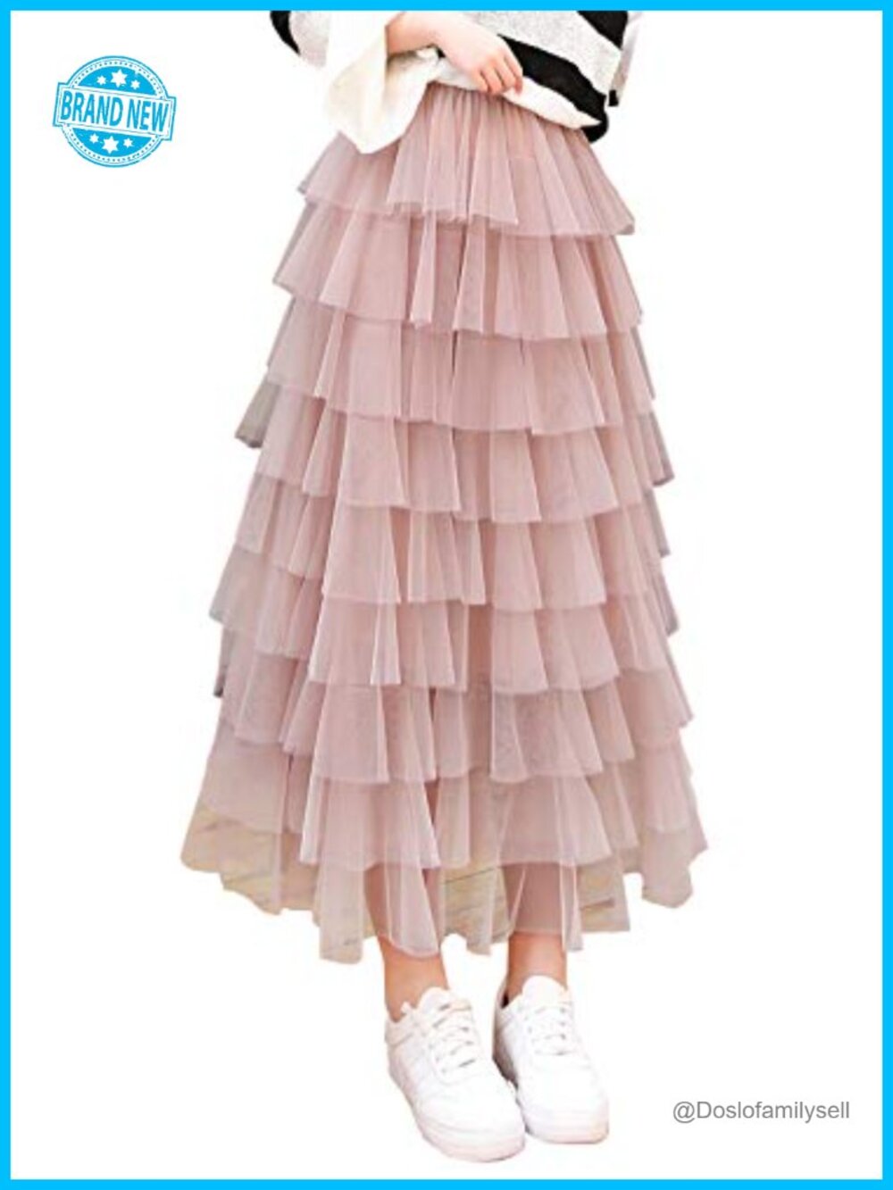 Womens Tulle Layered Ruffles Mesh Tiered Long Skirt Elastic Waist